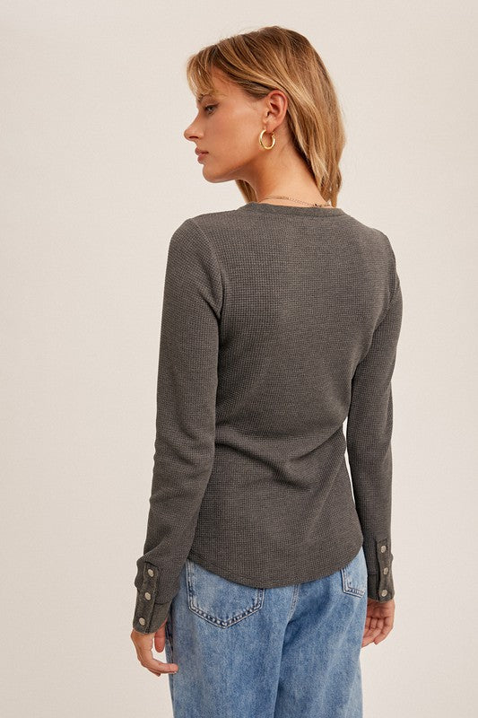 All The Better Grey Waffle Knit Henley Long Sleeve Tee
