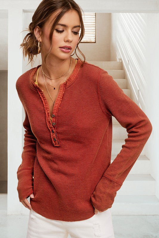 All The Better Baked Clay (Rust) Waffle Knit Henley Long Sleeve Tee