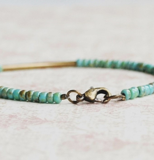 Turquoise Blue Seed Beads And Bronze Bar Bracelet