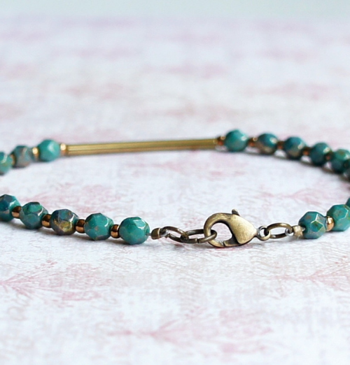 Turquoise Blue Czech Glass Beads And Bronze Bar Bracelet
