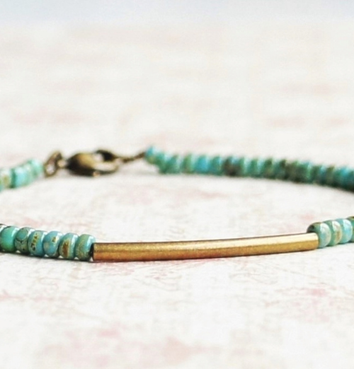 Turquoise Blue Seed Beads And Bronze Bar Bracelet